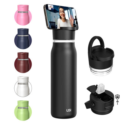 LISI 30Oz Insulated Water Bottle, Double Wall Stainless Steel Water Bottles With Straw, 100% Leak-Proof Travel Thermal Canteen Mug With 2 Lids (Straw, Phone Holder Lid)