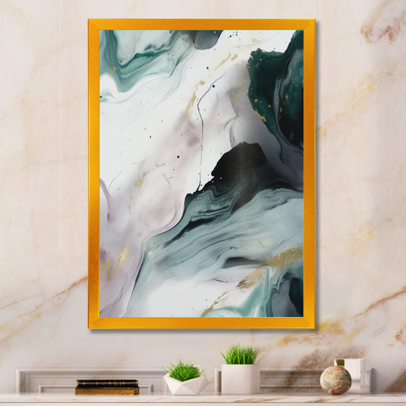 «Green and White Contemplative Abstraction II», art abstrait en marbre encadré, Impression dorée sur toile encadrée