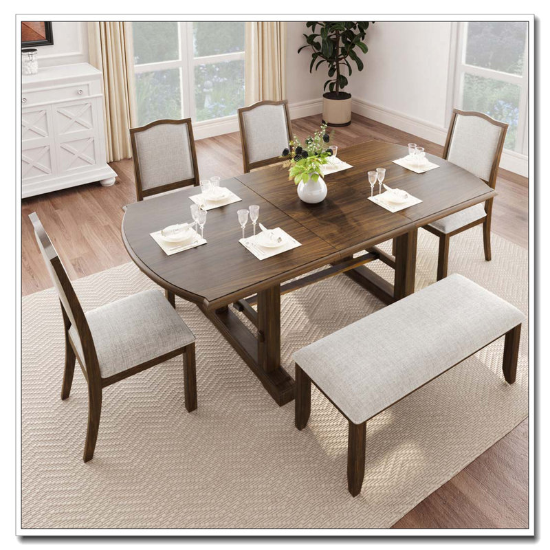 Ensemble de table de salle à manger 6 pièces, avec 4 chaises d'appoint rembourrées et banc, Beige et brun