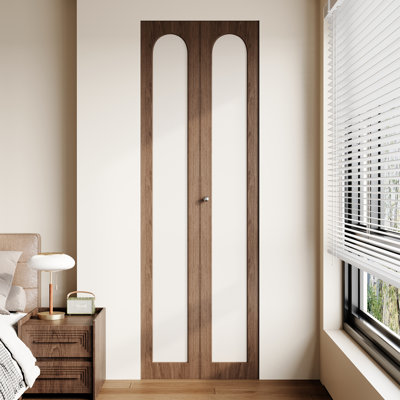 30 in. x 80 in. Modern Arched Solid Core Bi Fold Closet Door with PVC Leather-Look Accent Panel, Installation Hardware Included