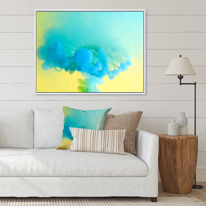 «Turquoise Ink Art on Yellow», impression sur toile, H 24 po x l 32 po, Toile à cadre flottant blanc