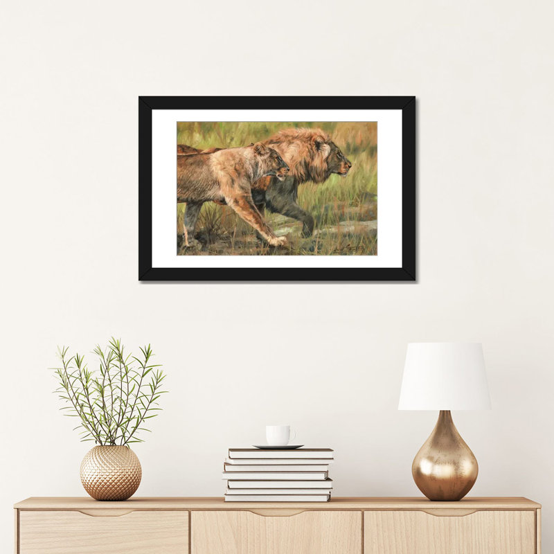 «Lion and Lioness», impression sur toile, H 24 po x l 32 po x P 1 po, Papier d'art encadré noir, Blanc