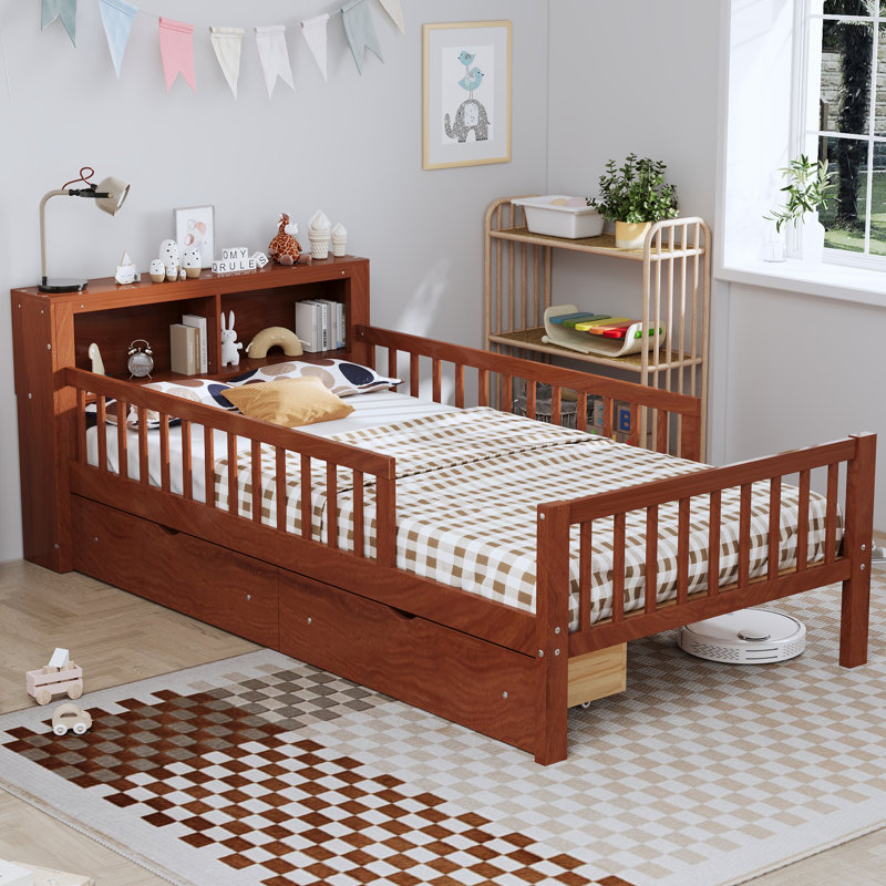  Twin Bed with Headboard Storage Rack, Under-Bed Storage and Three-Side Guardrails, Walnut, Brown