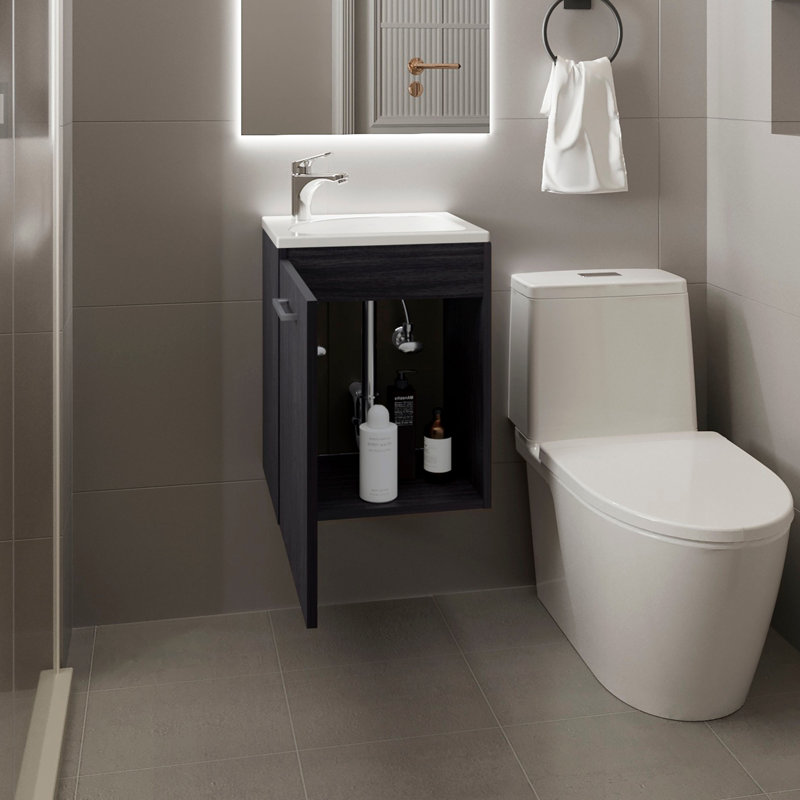 Meuble-lavabo large à une porte Saju, avec lavabo en résine et une tablette, rangement pour salle de bain, noir, Noir