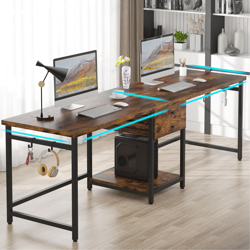 Bureau d'ordinateur 79 pouces pour deux personnes avec tiroirs et tablettes de rangement, table de travail double extra longue avec crochets, bureau d'écriture industriel pour bureau à domicile, brun rustique