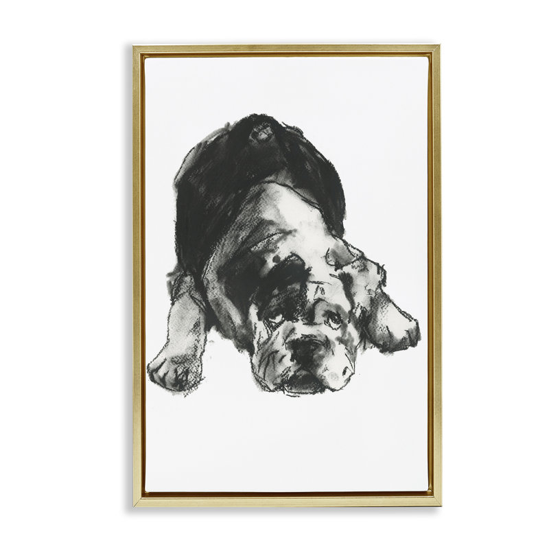 Bulldog, dessin sur toile par Cartissi, H 25 po x l 17 po, Cadre flottant métallique doré