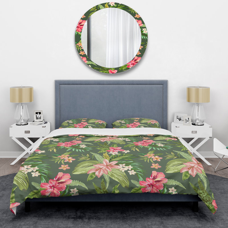 Green Leaf and Flowers - Floral Duvet Cover Set - Microfiber Polyester, Twin Duvet Cover + 1 Standard Sham