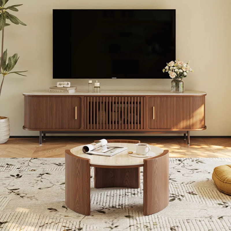 Table basse ronde en pierre frittée, Brun, H 15 po x l 32 po x L 32 po, Beige clair