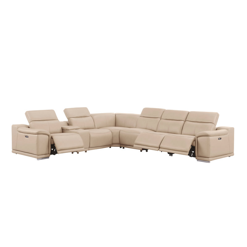 7-Piece L-Shaped Power Reclining Sectional In Genuine Leather – 3 Recliners, Beige Top Grain Leather