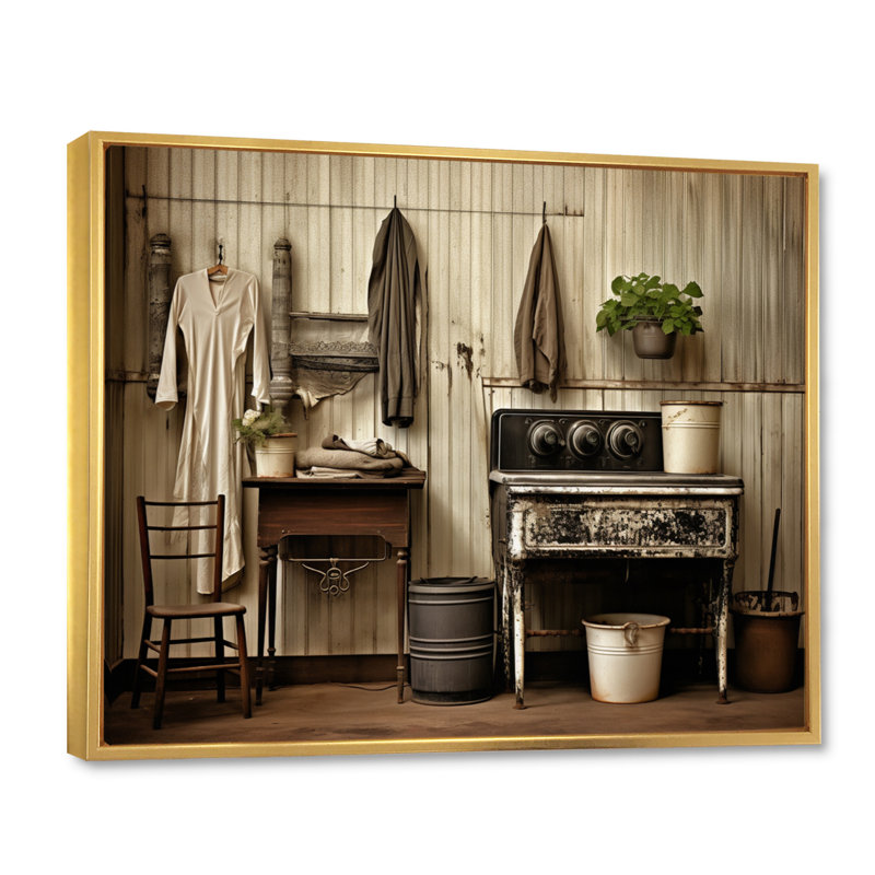 «Farmhouse Laundry Charm III», art mural, Cadre flottant doré, H 30 po x l 40 po x P 1,5 po