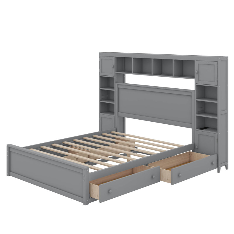 Grand lit en bois avec armoire, tablette et prises tout-en-un, Gris