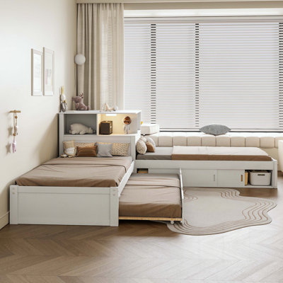 Twin Size L-Shaped Platform Bed with Storage, Desk, Trundle and LED Light