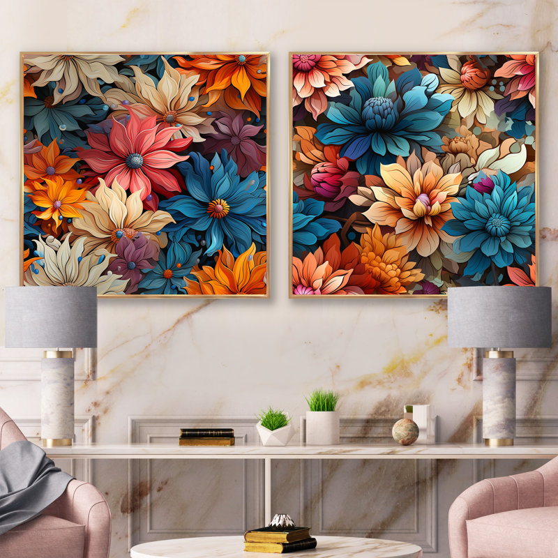 Houilles - Ensemble de 2 collages floraux carrés, H 16 po x l 33 po, Cadre flottant doré
