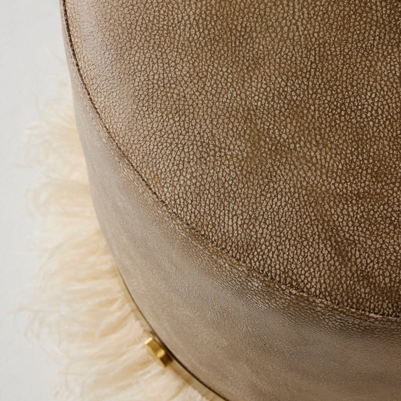 Leather Ostrich Fluff Pouf, Taupe/Cream