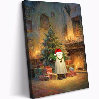 Christmas Canvas Wall Art – Cozy Holiday Scene with Ghost, Christmas Tree, Fireplace, and Gifts, Winter Canvas Art Poster Picture Prints for Home Bedroom Decor, 12×16 Inches