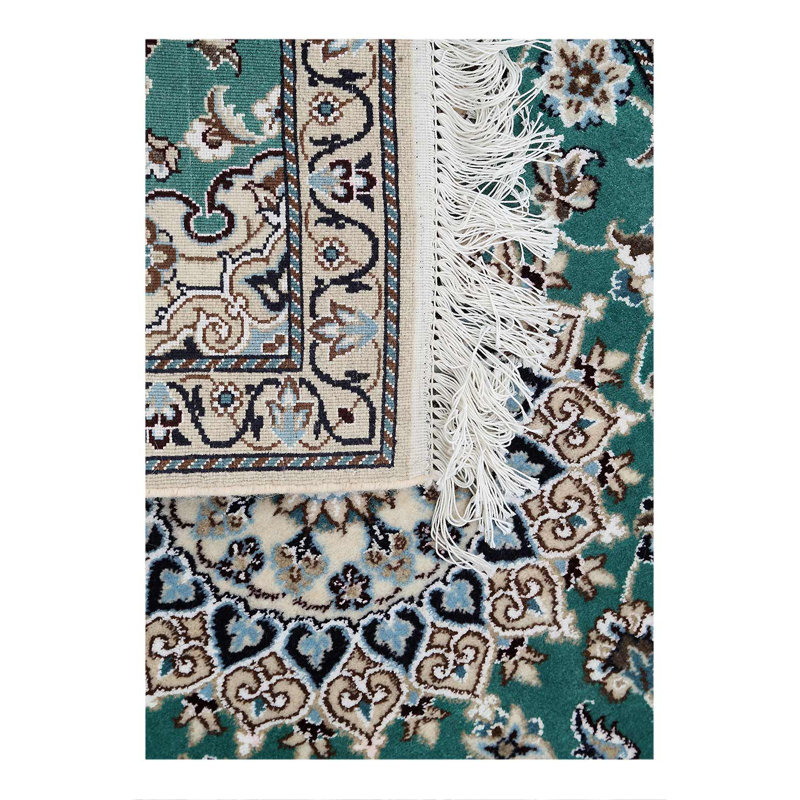 Green Fine Hand Knotted Persian Silk & wool Nain 2'x 6'6"