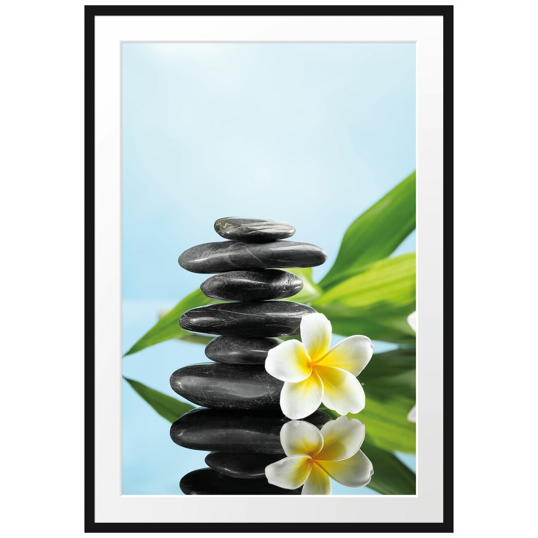 Gerahmtes Poster Zen Steinturm Monoi Blüten