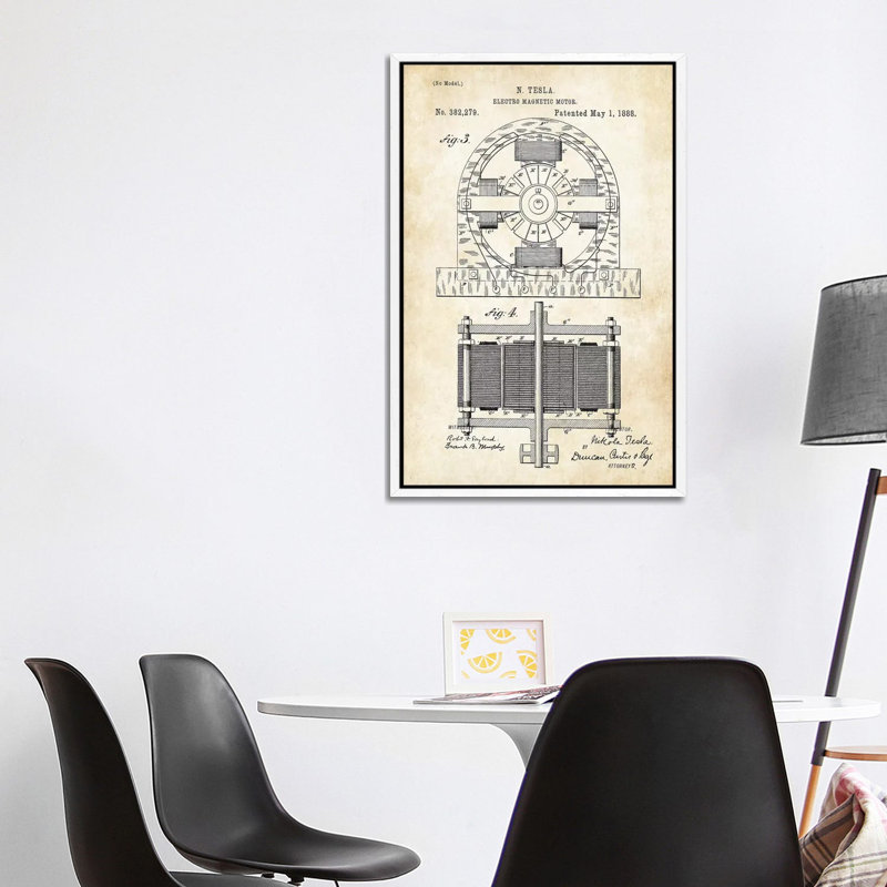 Nikola Tesla Electromagnetic Motor by Patent77 - Floater Frame Gallery-Wrapped Canvas Giclée on Canvas, White