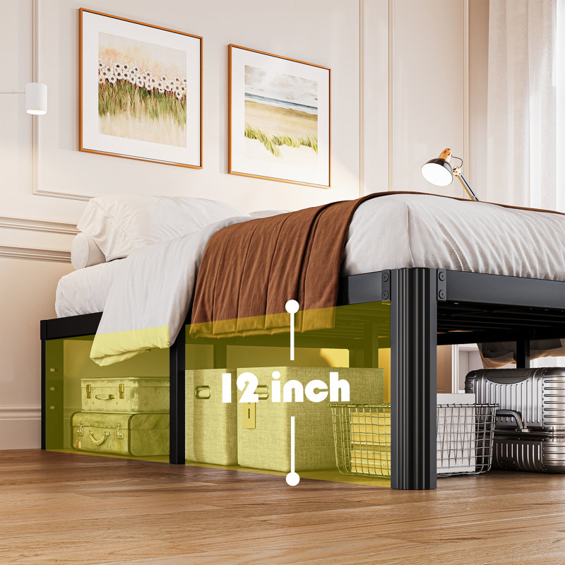 Queen Black Metal Frame Bed with Slats and Rounded Corners