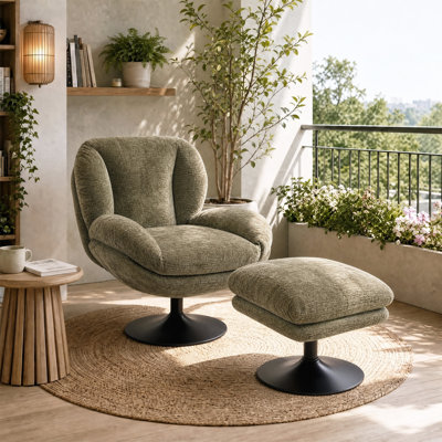 Upholstered Chenille Swivel Lounge Chair With Footstool
