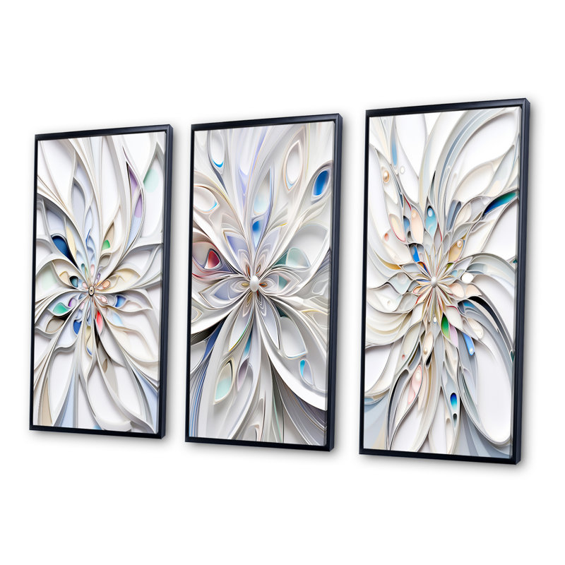 «White Cosmic Flowers», 3 pièces sur toile, Cadre flottant noir, H 28 po x l 36 po