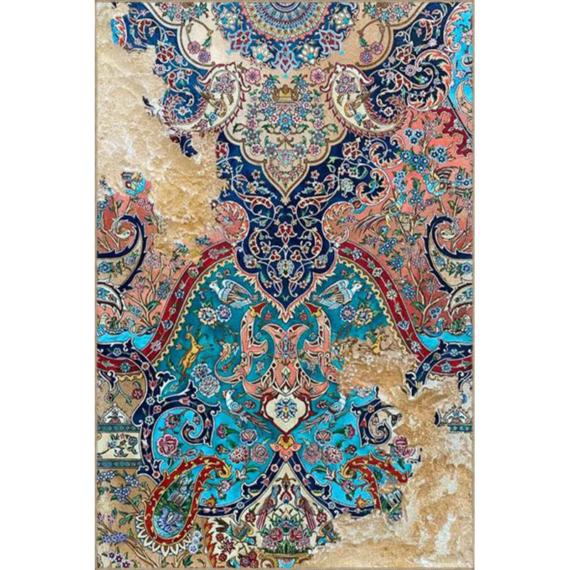 Blue And Red Tile Patterned Modern Patterned Woven Base And Decorative Washable Carpet, Round 5'