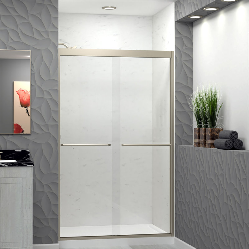 Porte de douche sans cadre Transoli Frederick de l 48 po x H 76 po, verre trempé transparent de 5/16 po, Nickel