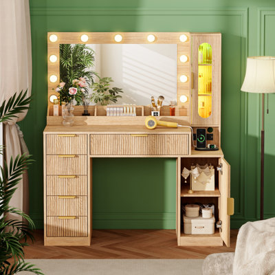46.1" Fluted Makeup Vanity Desk With Lighted Mirror And Changing Light Cabinet, 6 Drawers Wood Vanity With Charging Station
