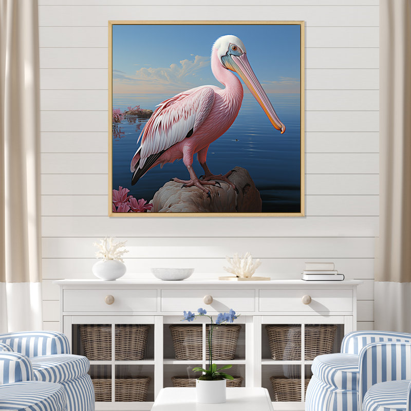Pélican rose - art mural animaux côtiers, Cadre flottant brun, H 36 po x l 36 po