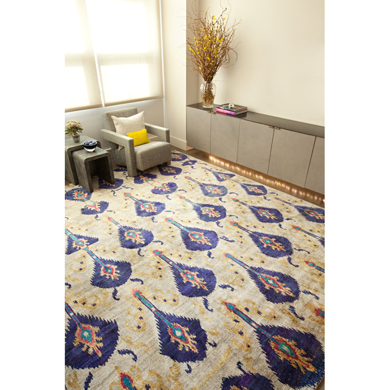 Rumi Abstract Hand-Knotted Silk Beige/Blue/Yellow/Pink Area Rug, Rectangle 9'9" x 13'8"