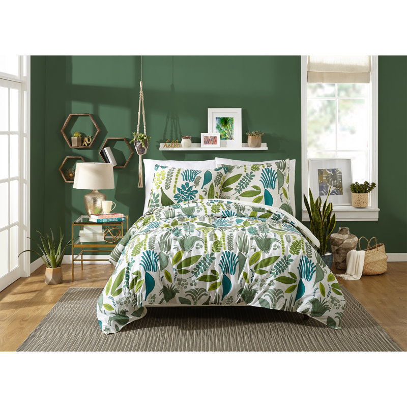 Jardin 100% Cotton Botanical Duvet Cover Set – Boho Tropical Green/Blue Leaf Print Bedding, King Duvet Cover + 2 Shams