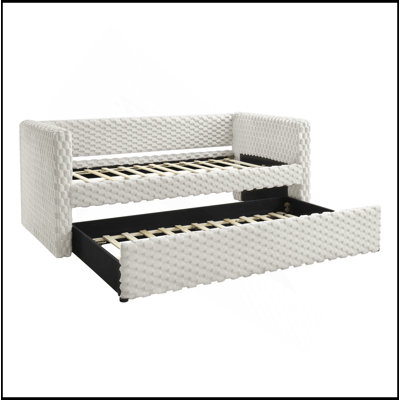 Beautiful 1Pc Modern Daybed Armrest Pull Out Trundle Bedroom Living Room Furniture Soft Dove Textured Fabric Finish Furniture