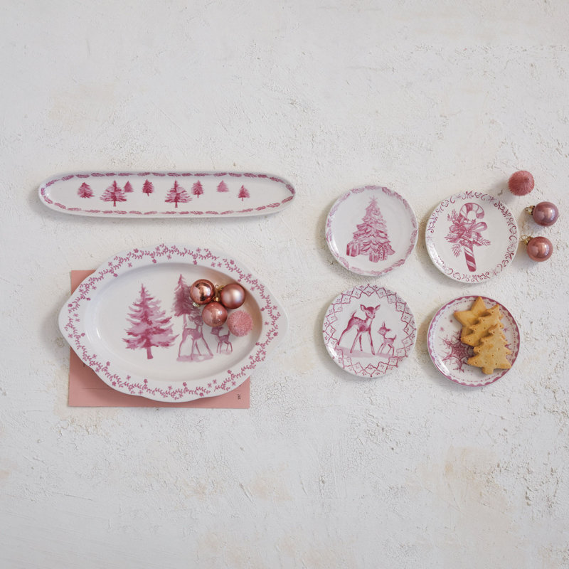 Stoneware Platter With Deer And Trees