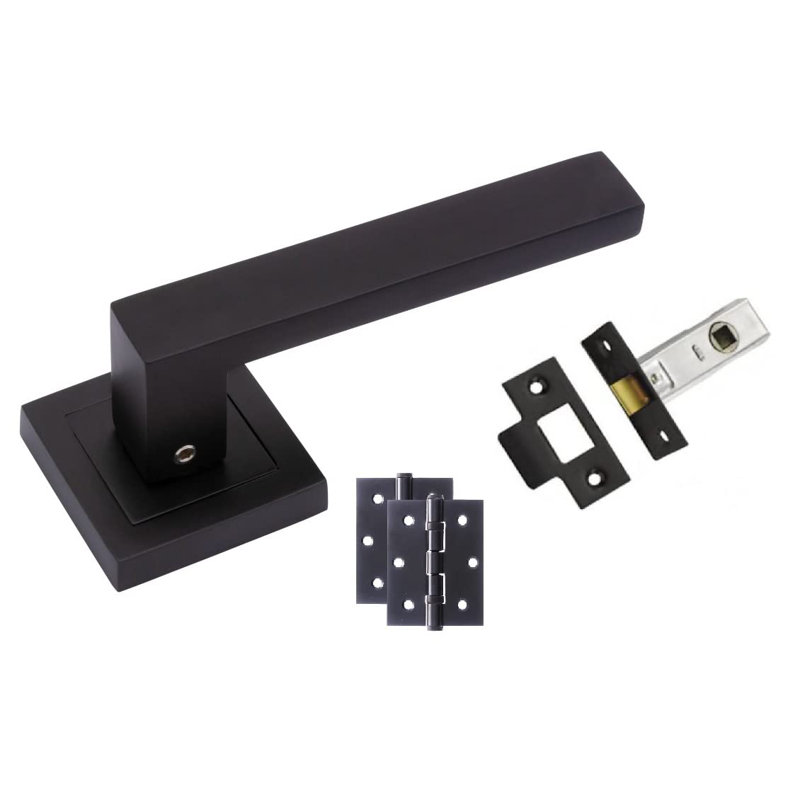 1 Pair Delta Door Handles on Square Rose with Tubular Latches & Hinges, Latch