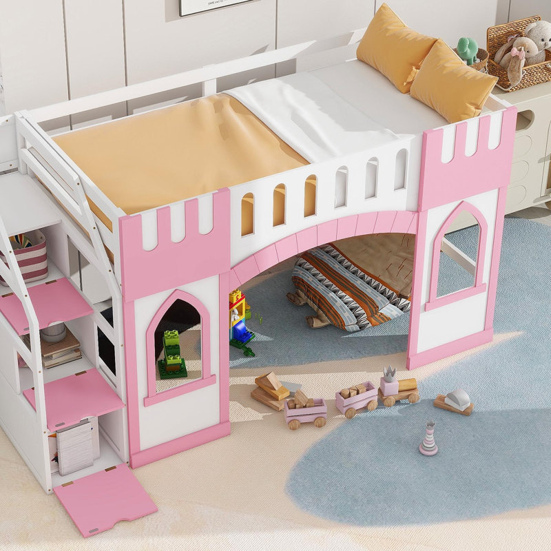 Lit mezzanine simple avec escalier de rangement et fenêtre, Rose