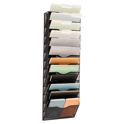 Organisateur de dossiers mural Mind Reader, support de documents en treillis métallique à 12 niveaux avec plaques d'étiquettes en métal pour documents, dossiers et magazines, noir