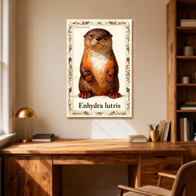 Portrait de loutre d'animaux avec cadre orné et nom scientifique, H 18 po x l 12 po