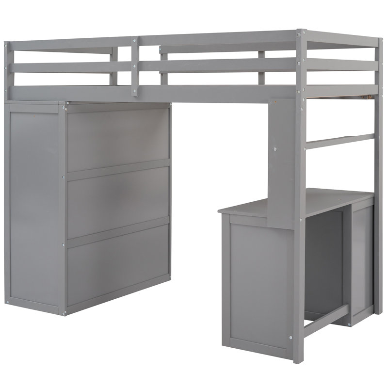 Full Loft Bed with Storage Drawers, Desk & Wardrobe - Space-Saving, Multi-Functional Design-White, Twin, Grey