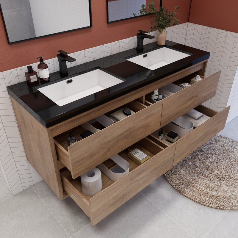 Vickye 59.05'' Single Bathroom Vanity with Plastic Top, Natural Oak