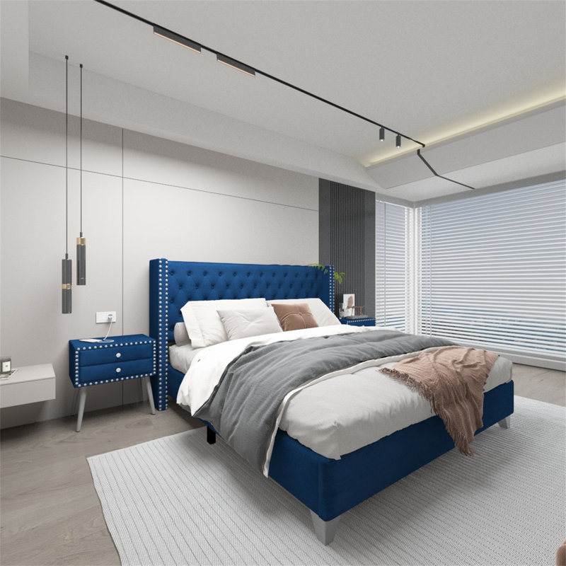 Ensemble de chambre avec lit plateforme 2 pièces, Bleu, Très grand