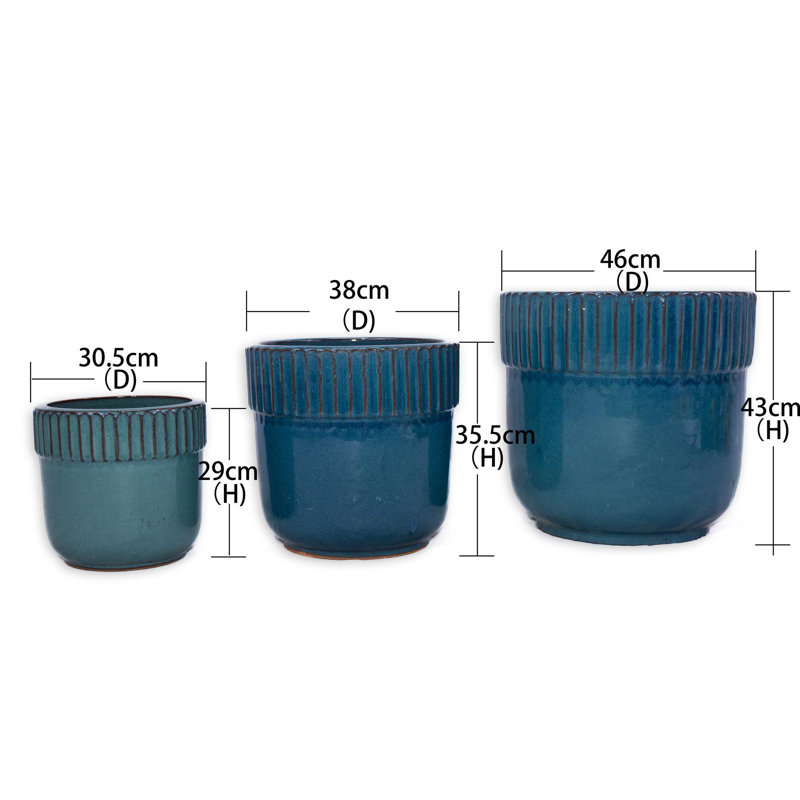 3 Pieces ceramic flower pots, Antique Blue