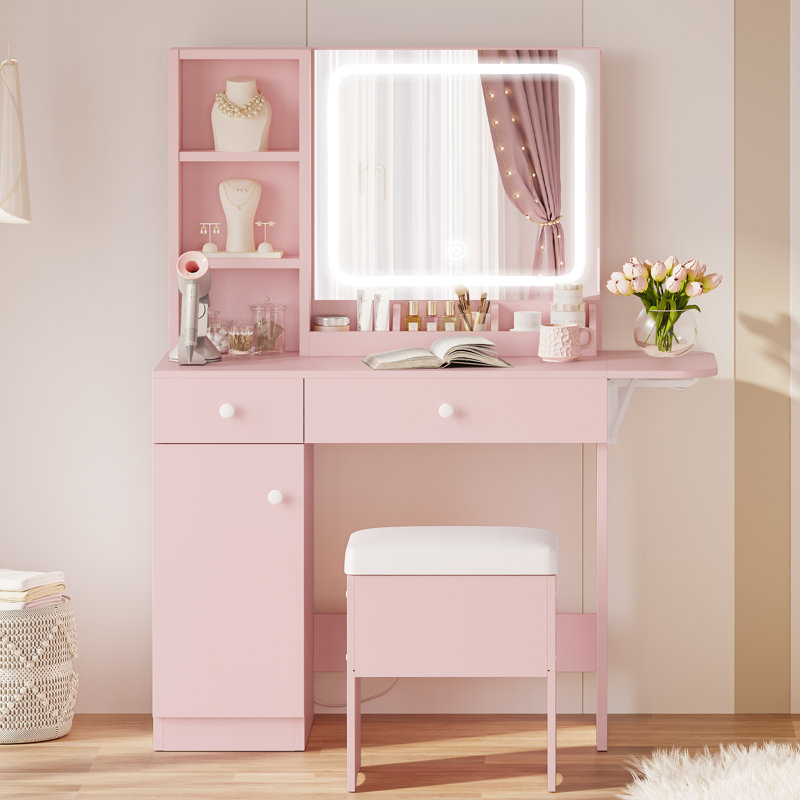 Ensemble de coiffeuse avec miroir lumineux à DEL et prise de courant, plateau de maquillage avec 3 bibliothèques ouvertes, 3 casiers, 2 tiroirs, table de commode pour chambre à coucher, vestiaire