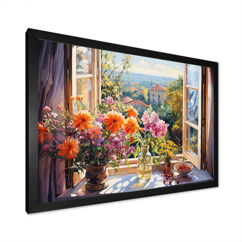 Orange et vert, fenêtre française vue I - Art mural fenêtre, Cadre d'angle fermé noir, H 12 po x l 20 po x P 1 po