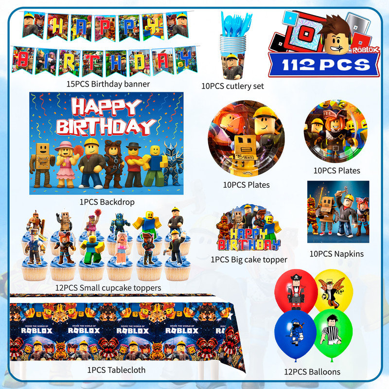 112 pièces décorations de fête Roblox, ensembles de vaisselle Roblox Birthday Decorations