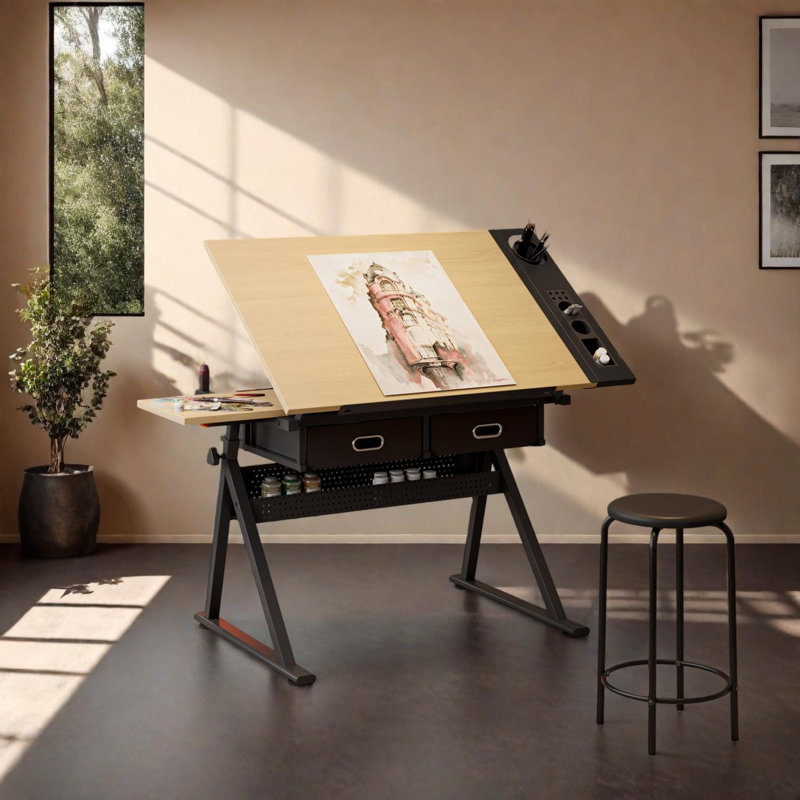 Adjustable Height Drafting Table Desk with Tilting Top, 2 Drawers, Side Storage Tray and Stool