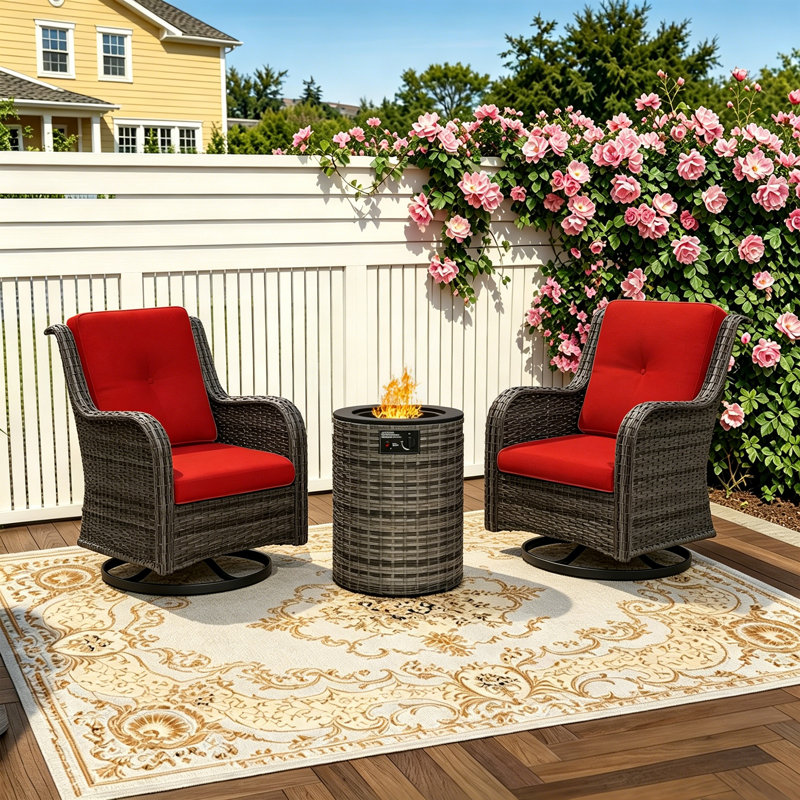 3-Piece Wicker Outdoor Seating Group with Fire Pit, Red