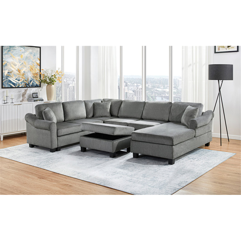 Canapé modulaire Canapé modulaire rembourré en chenille de 111,8 po avec repose-pieds de rangement mobile pour le salon