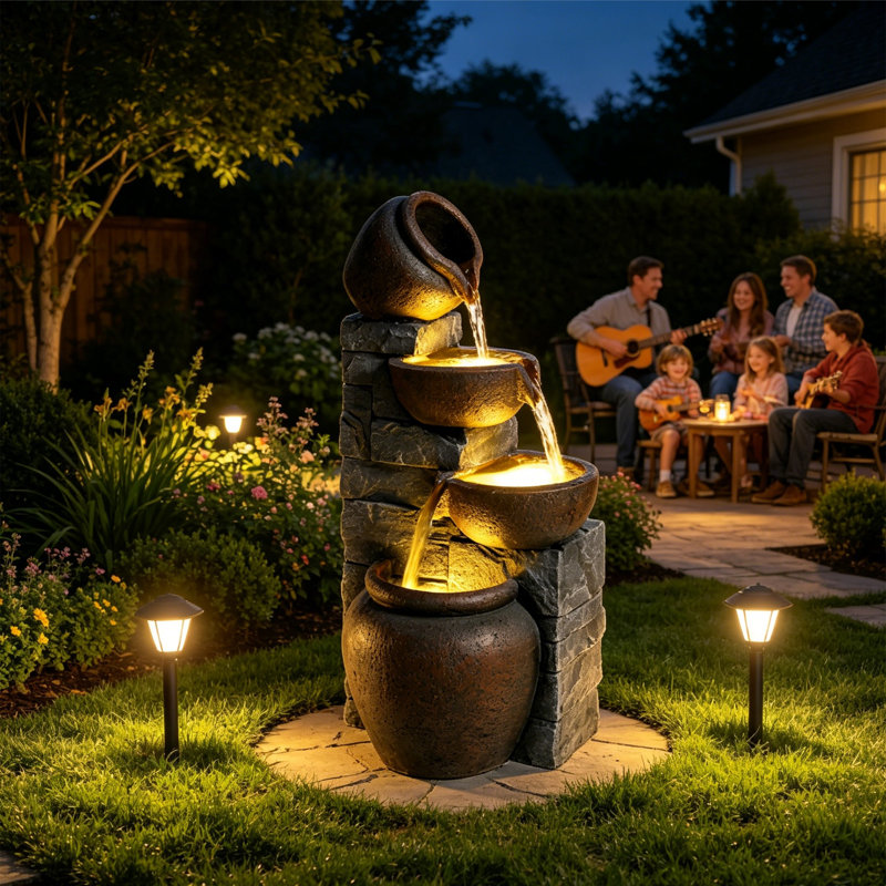 Outdoor Water Fountain With Warm Led Lights, 4-tier Cascading Pots, Resin Stone Look Garden Waterfall Fountain For Patio Yard Porch Landscape