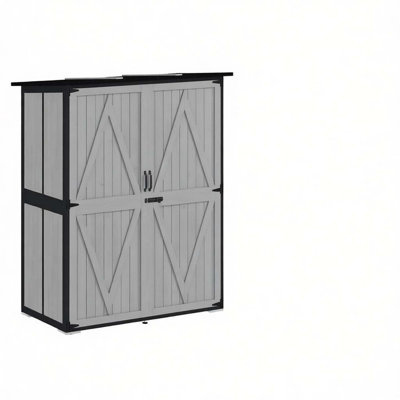 Sturdy Outdoor Wooden Storage Shed with Asphalt Pent Roof, Adjustable Shelves, Secure Double Doors, and Leveling Feet for All-Terrain Stability.