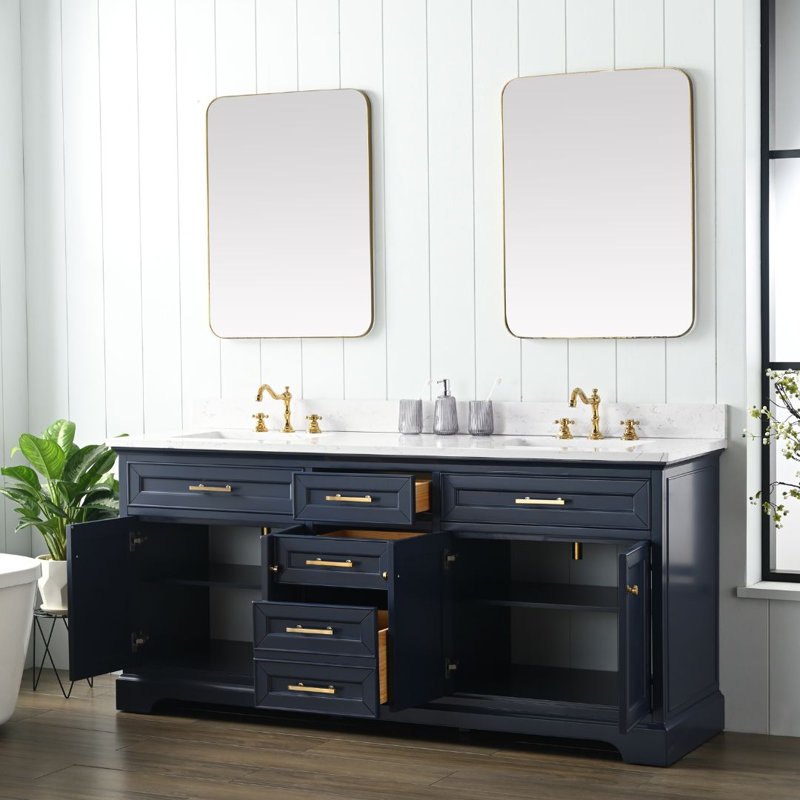 Ensemble de meuble-lavabo double 72 po Currahee, Bleu indigo / or brossé